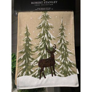 Robert Stanley Watercolor Deer Trees Snowflakes Tablerunner 72" x 14" D5